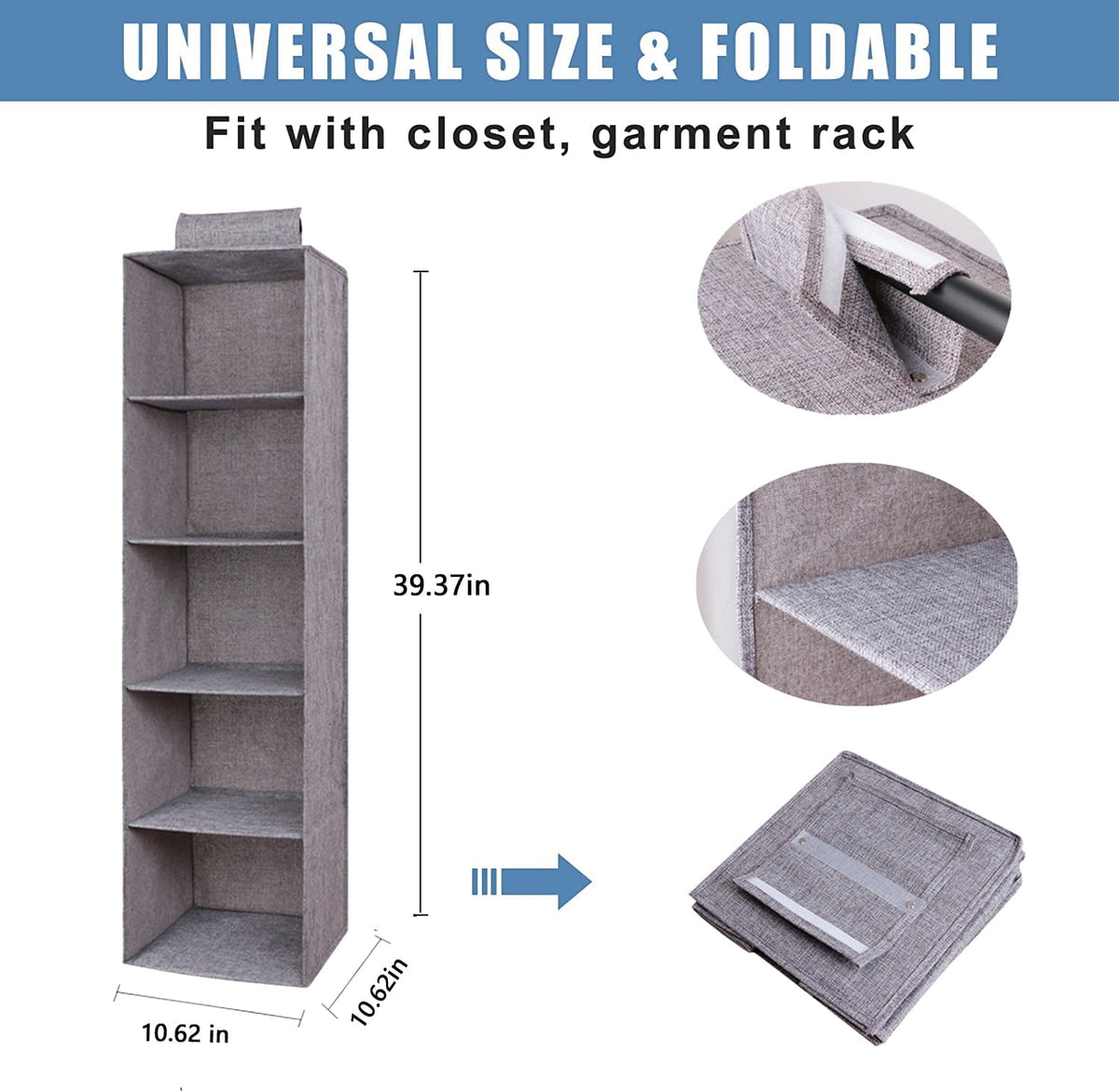 5-Section Hanging Closet Organizer Shelves, Heavy Duty, Foldable, Grey - Image 6