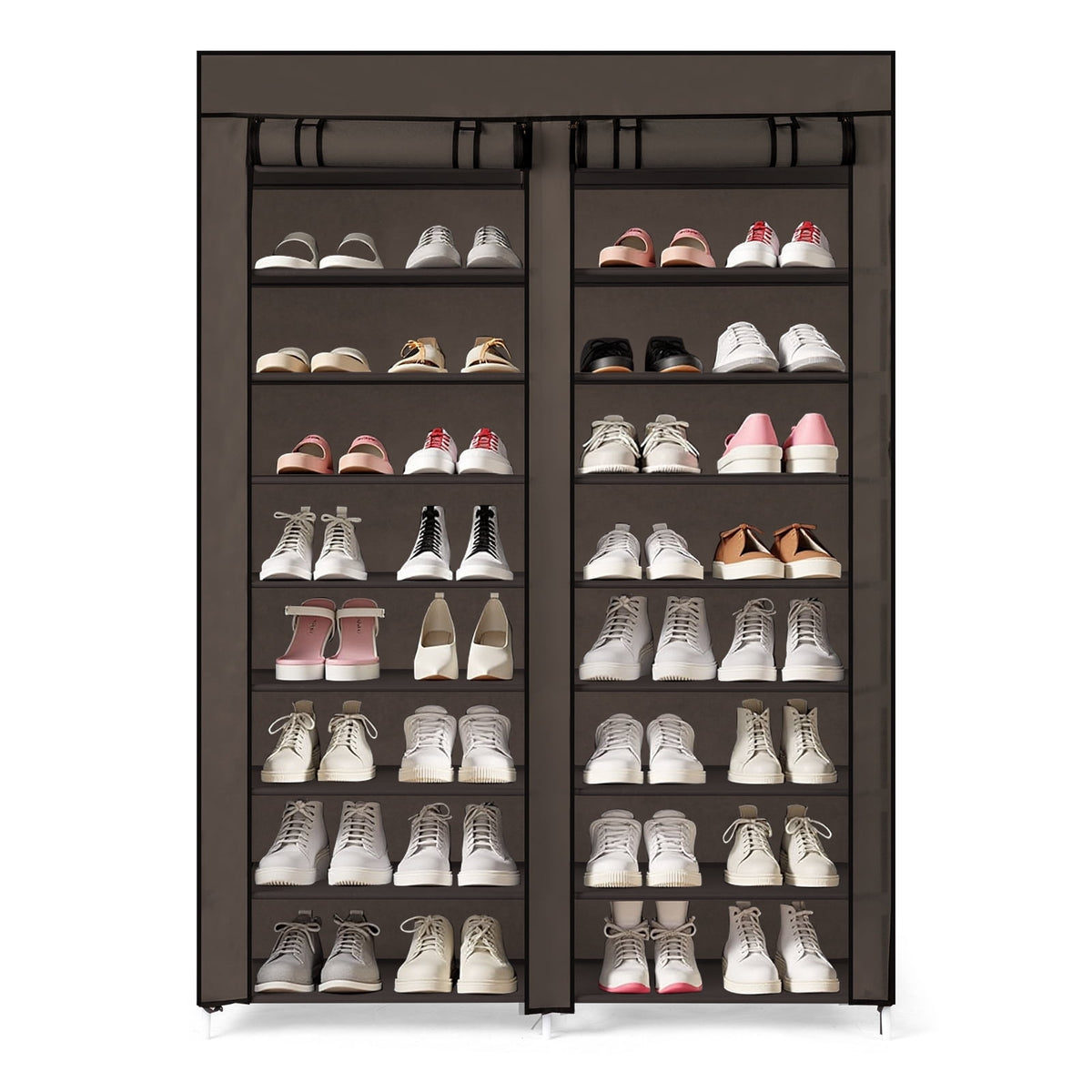 10-Tier Double-Row Shoe Rack with Fabric Cover, Holds 40 Pairs (Coffee) - Image 6