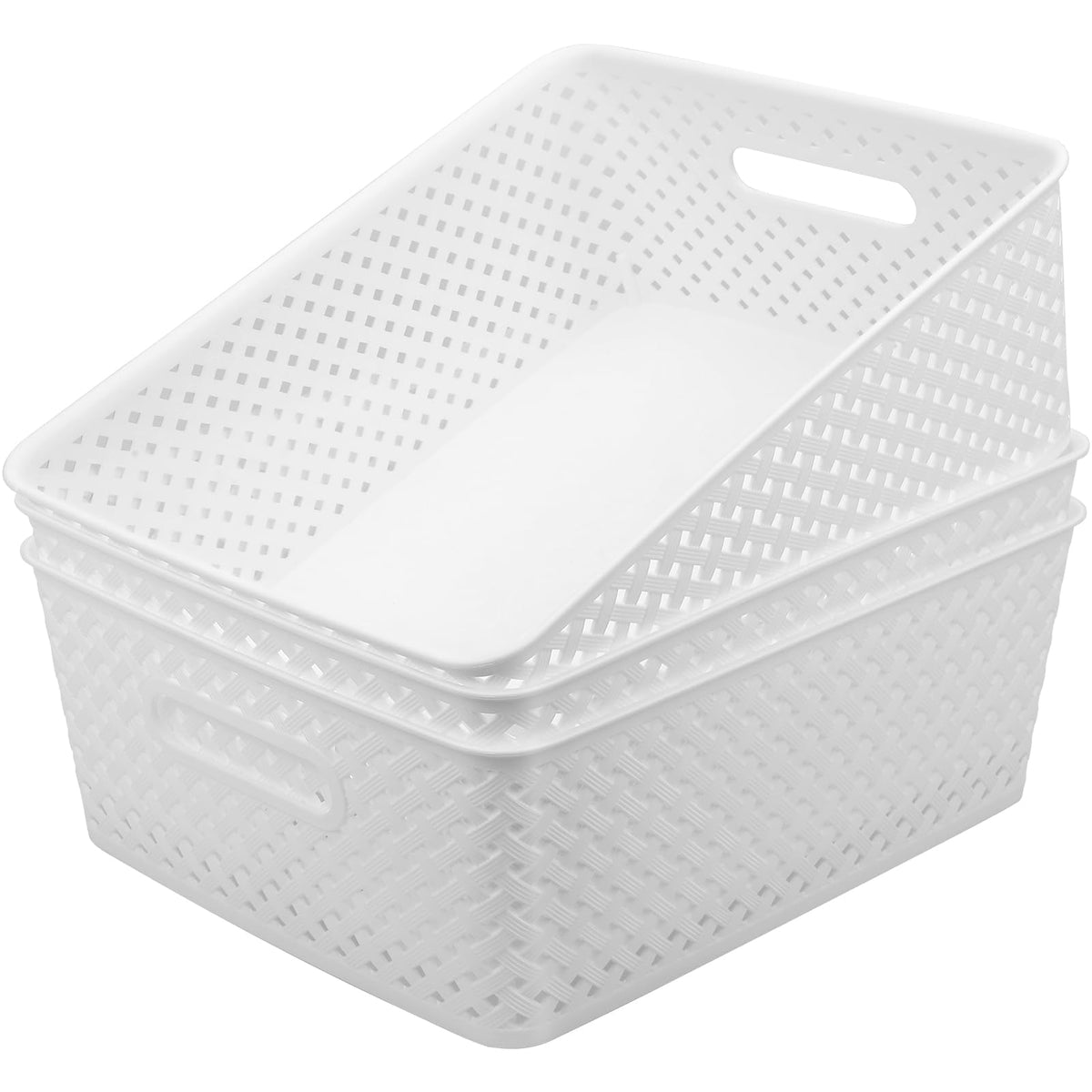 White Woven Plastic Storage Baskets with Handles, 13.8 x 11.5 x 5.2 in, 3-Pack