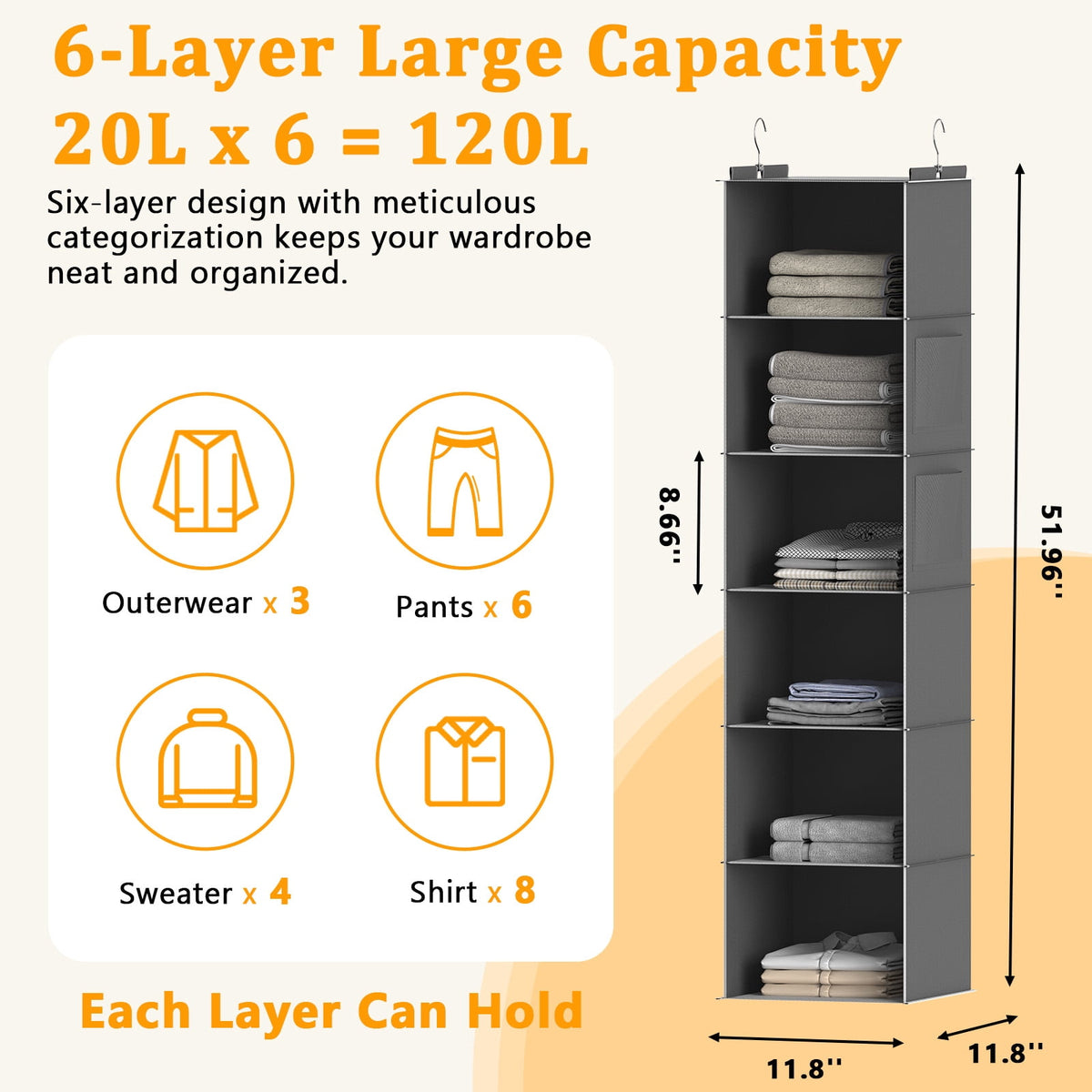 6-Shelf Hanging Closet Organizer with Bamboo Rods and Side Pockets, Gray - Image 3