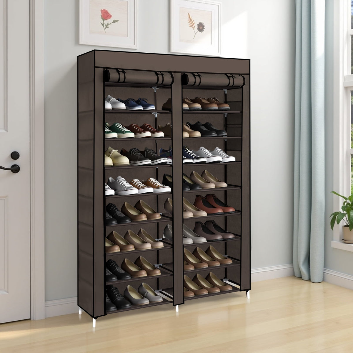 10-Tier Double-Row Shoe Rack with Fabric Cover, Holds 40 Pairs (Coffee) - Image 3
