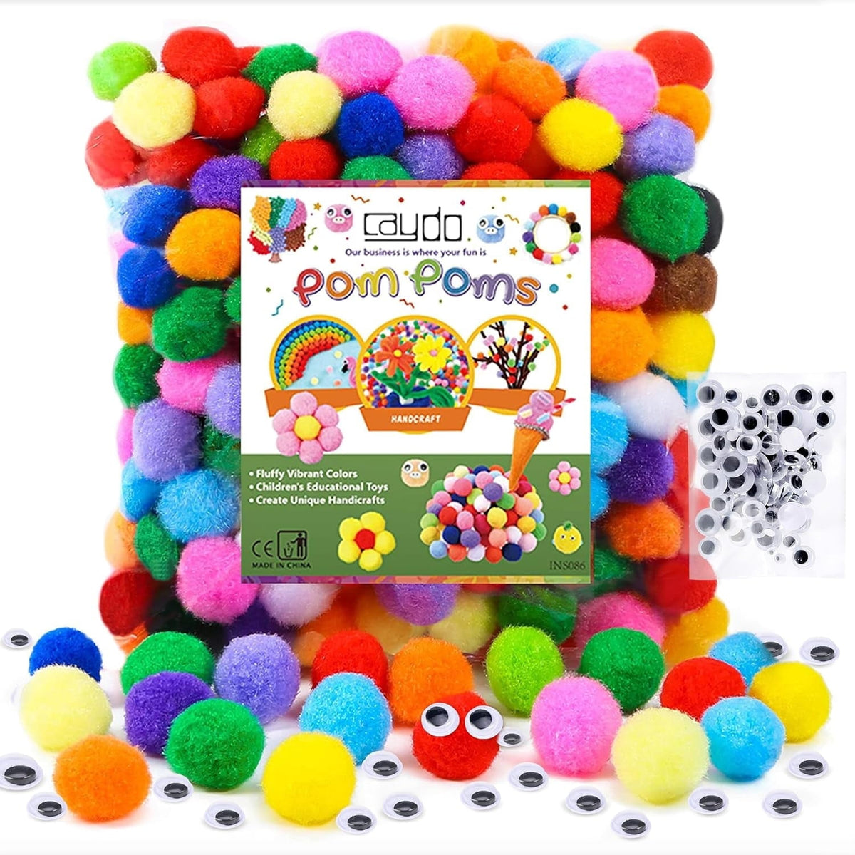 Assorted 1 in Craft Pom Poms, 300 Pieces with 100 Wiggle Eyes - Image 2
