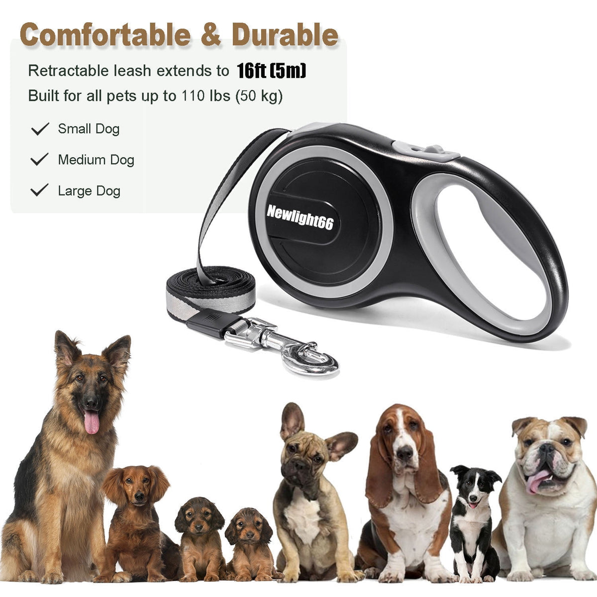 Heavy-Duty Retractable Dog Leash for Large Dogs, 16 ft, up to 80 lb, Gray - Image 3