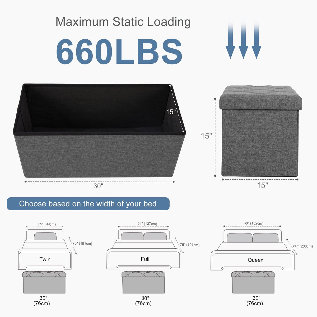 30 in Folding Storage Ottoman Bench, Fabric, Holds 660 lb, Gray - Image 6