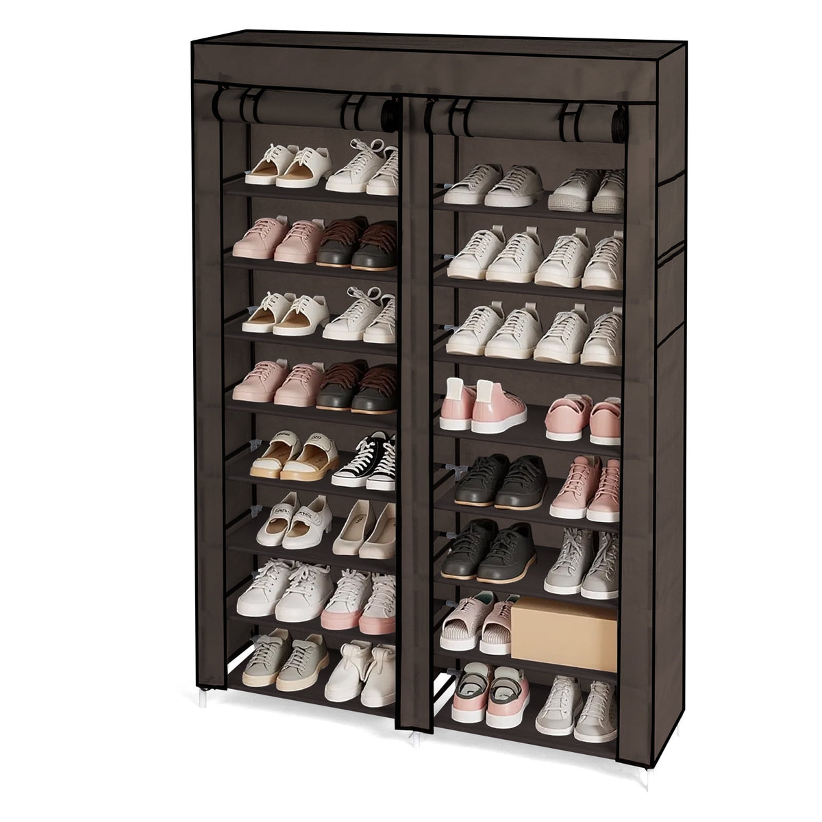 10-Tier Double-Row Shoe Rack with Fabric Cover, Holds 40 Pairs (Coffee) - Image 5