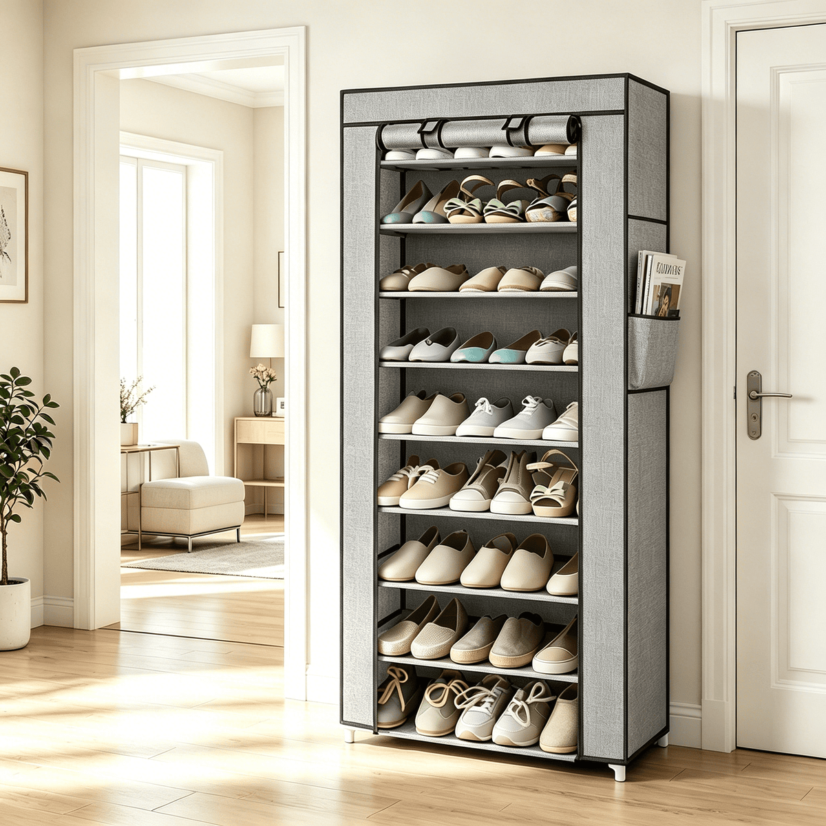 10-Tier Shoe Rack with Dustproof Cover, 9 Compartments, Gray - Image 2
