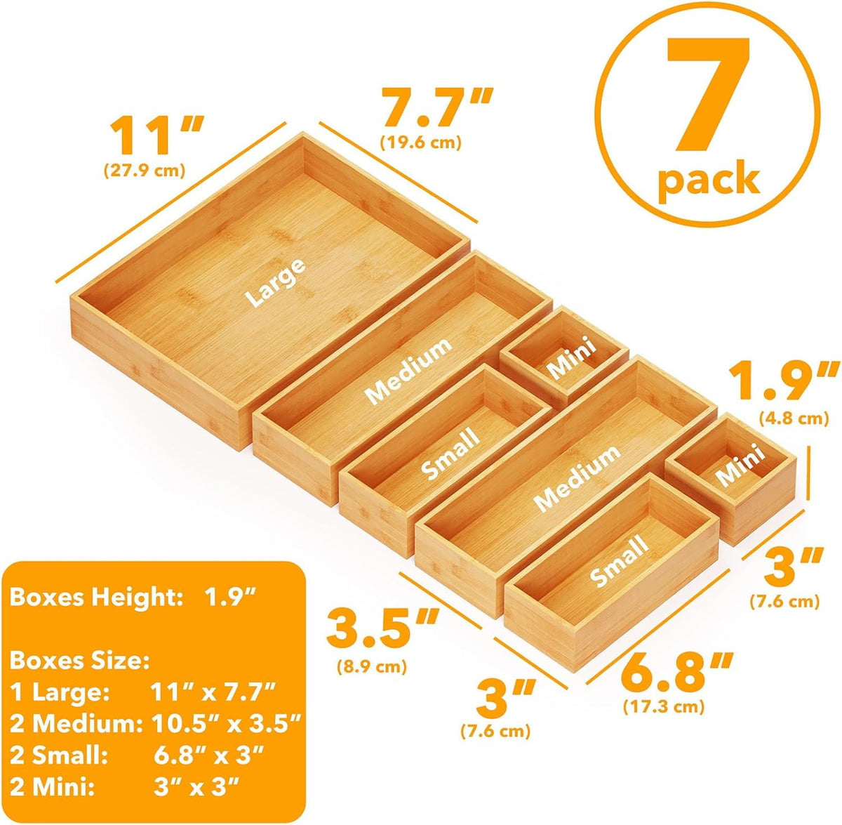 Bamboo Drawer Organizer Boxes, Natural, 7-Piece Set - Image 3