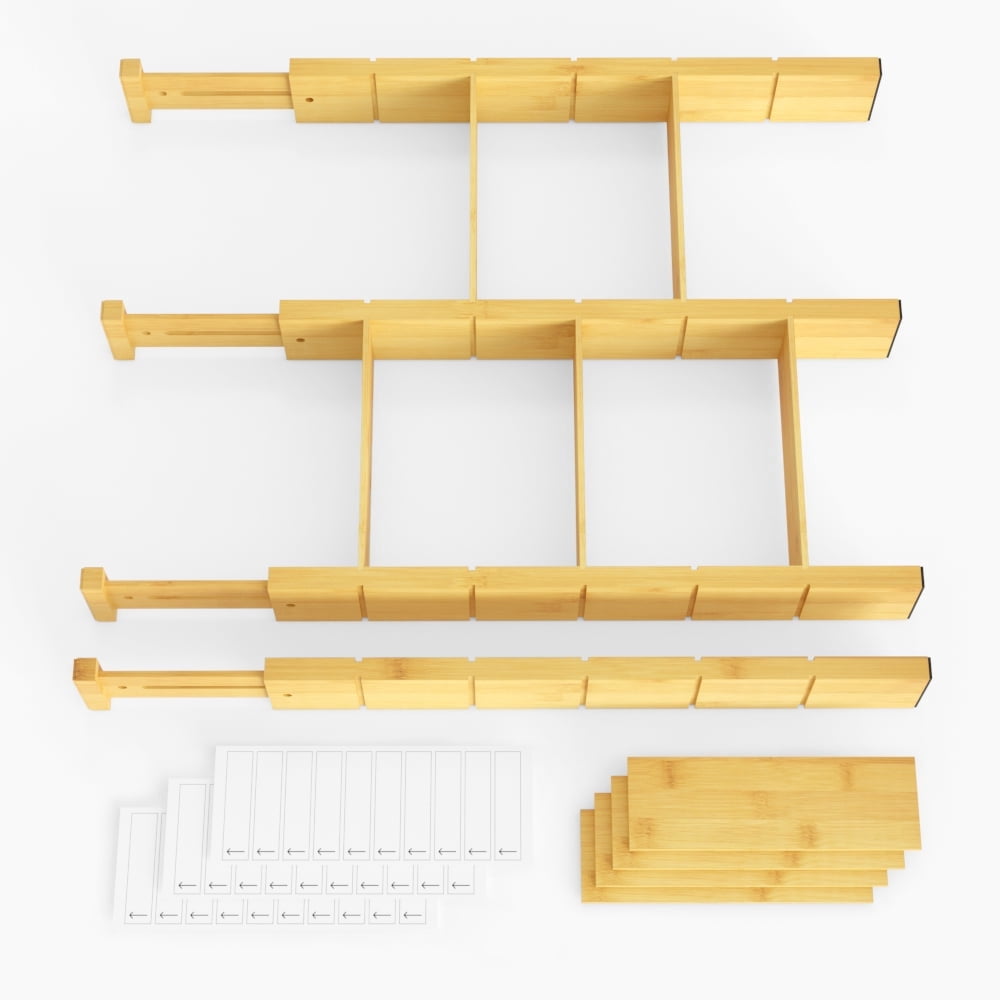 Expandable Bamboo Drawer Dividers, 17-22 in, with Inserts and Labels, 4 Pieces