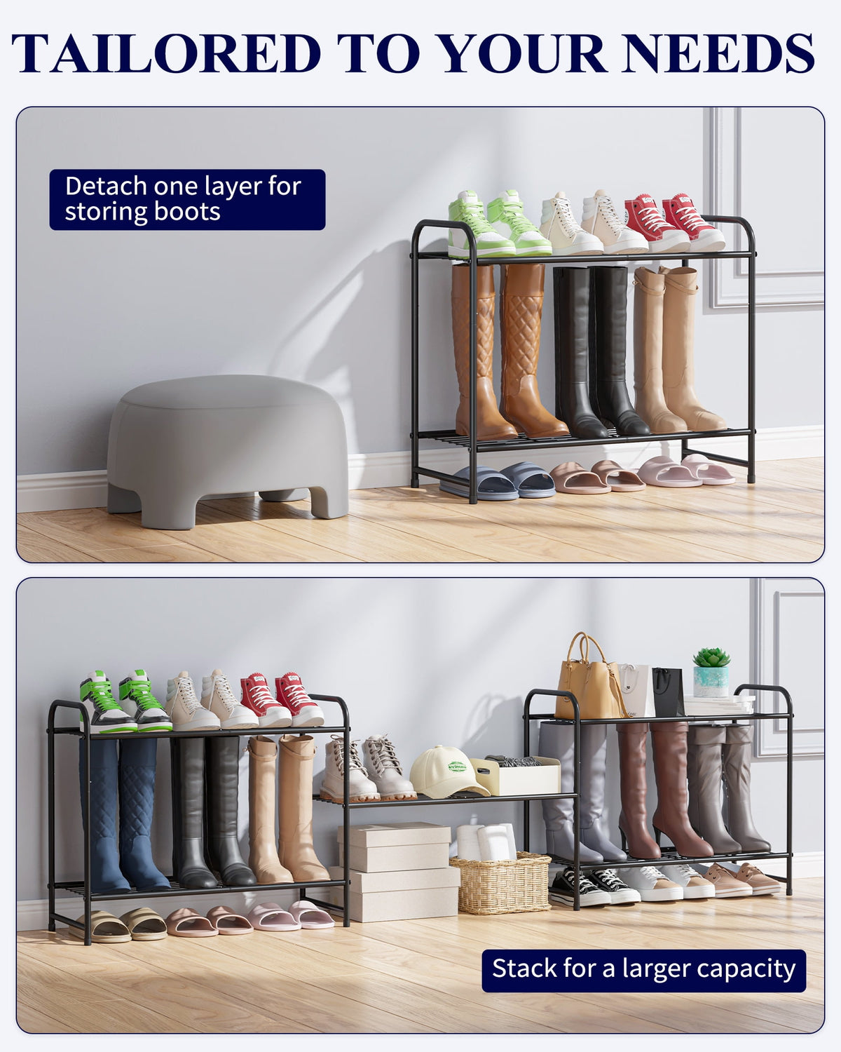 3-Tier Stackable Metal Shoe Rack, Holds 16 Pairs, 25.9 x 11.4 x 19.3 in, Black - Image 2