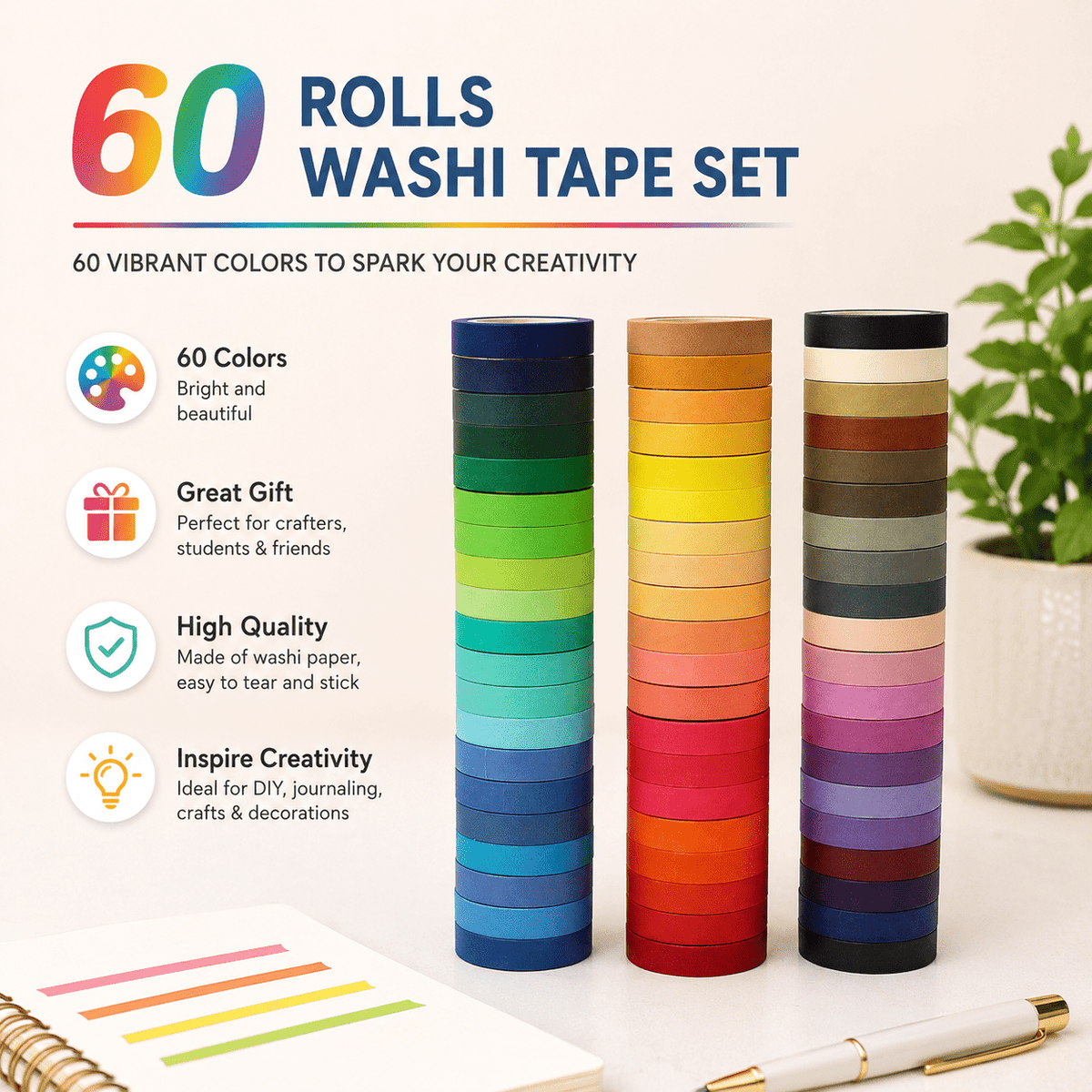 Rainbow Washi Tape Set, 8 mm x 4 m, 60 Rolls - Image 3