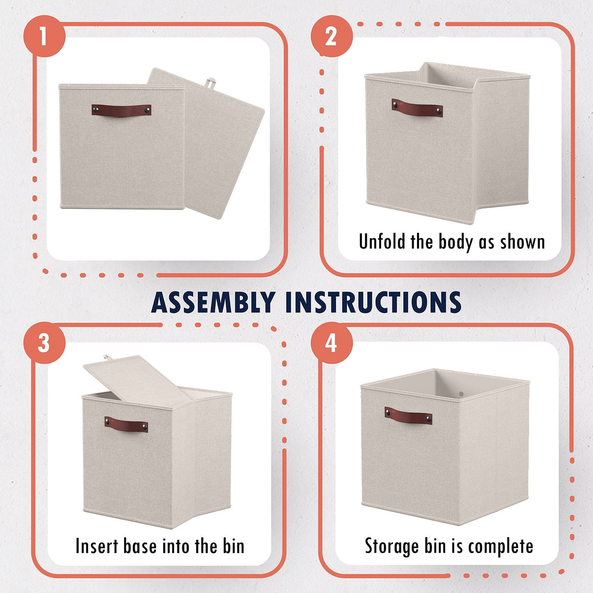 Foldable Linen Storage Cubes with Leather Handles, 13 x 15 x 13 in, Set of 6, Beige - Image 5