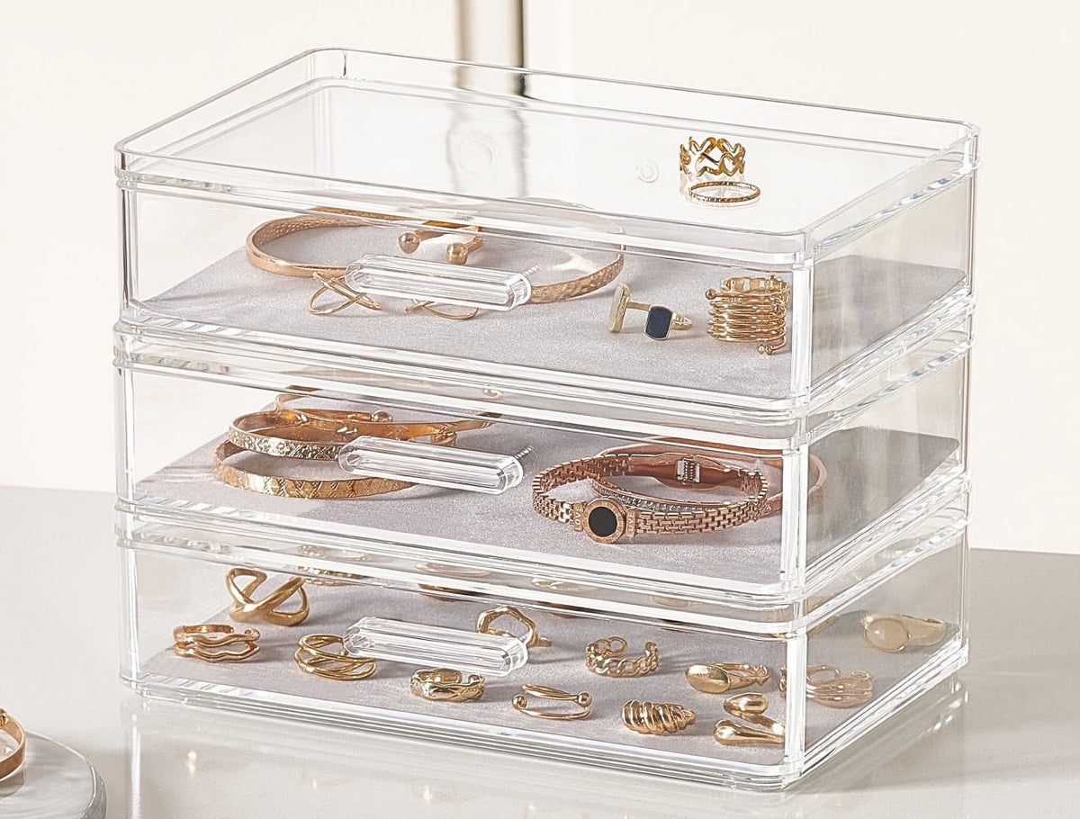 Stackable Clear Jewellery Drawer with Soft Flocked Liner - Image 3