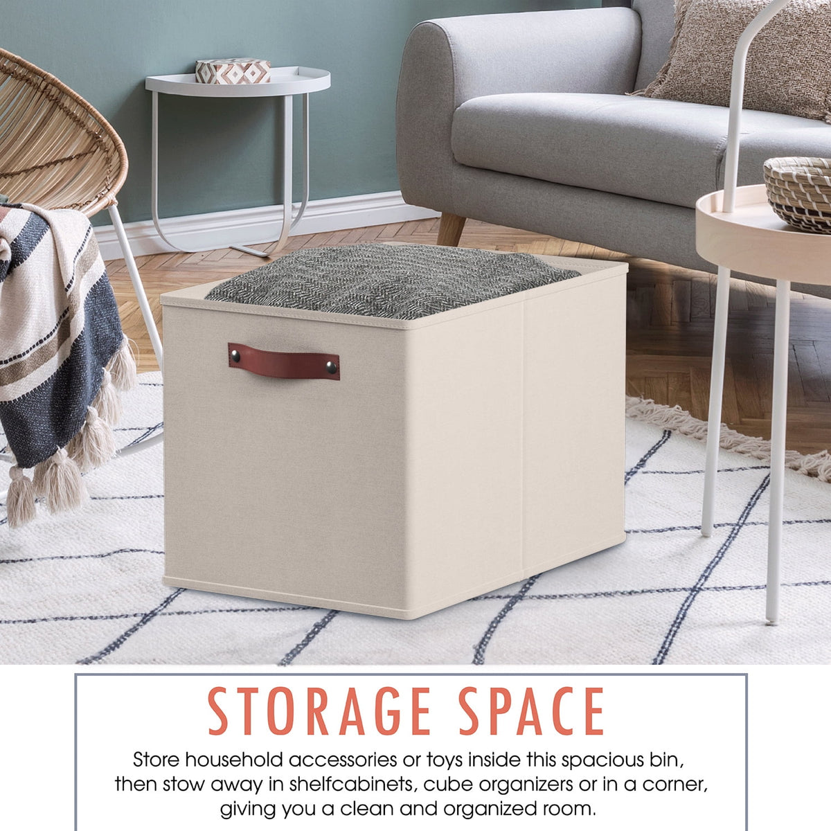 Foldable Linen Storage Cubes with Leather Handles, 13 x 15 x 13 in, Set of 6, Beige - Image 6