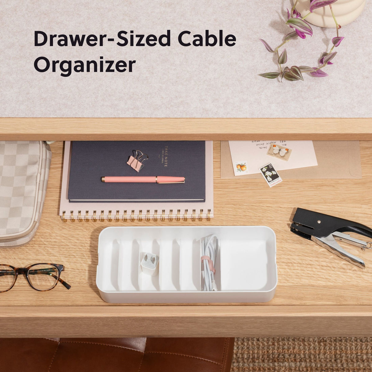 7-Compartment Cable Storage Box, 11 x 4.37 x 2.37 in, White/Linen - Image 2