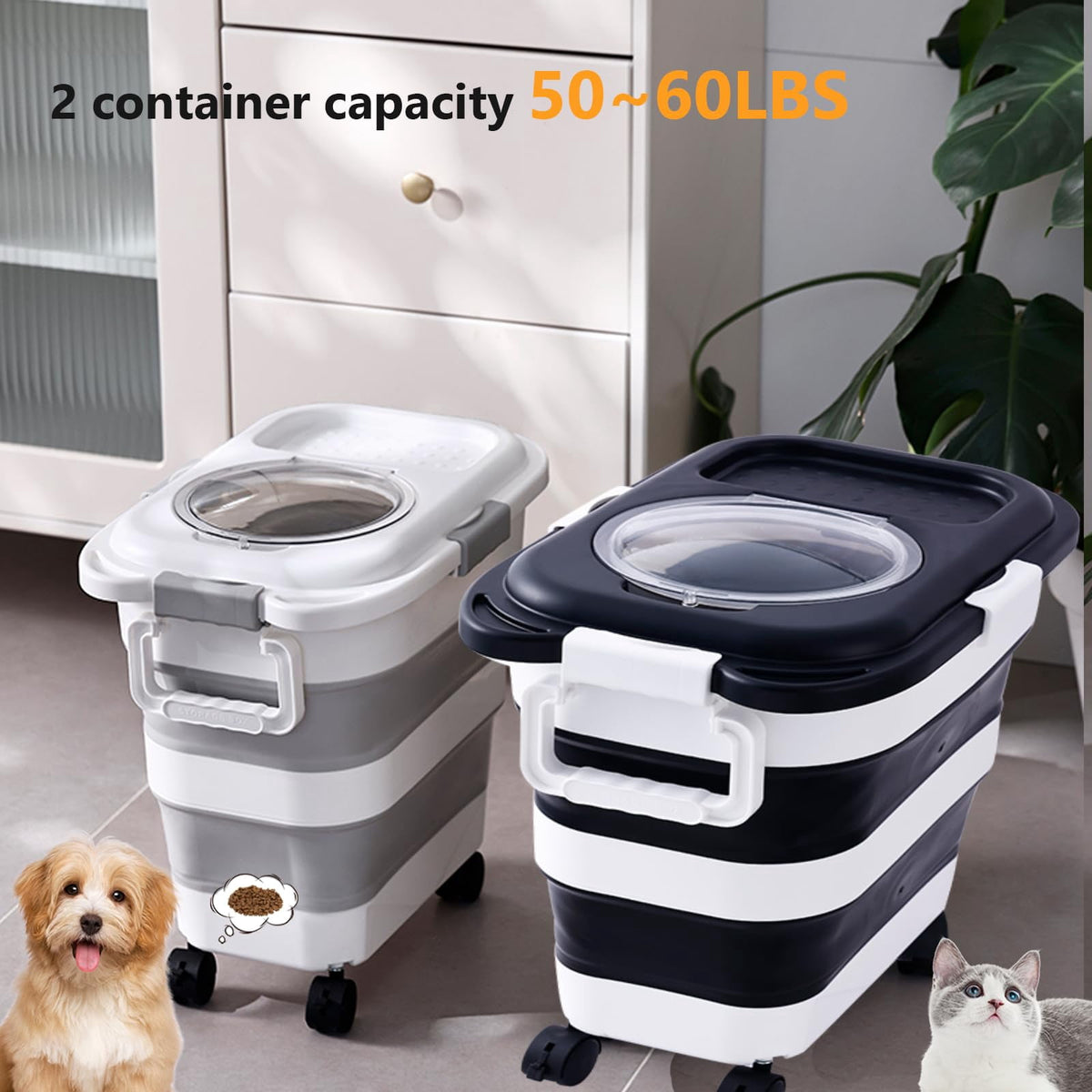 Collapsible Pet Food Storage Containers with Scoop, 25 lb, 2-Pack (Black and White) - Image 3