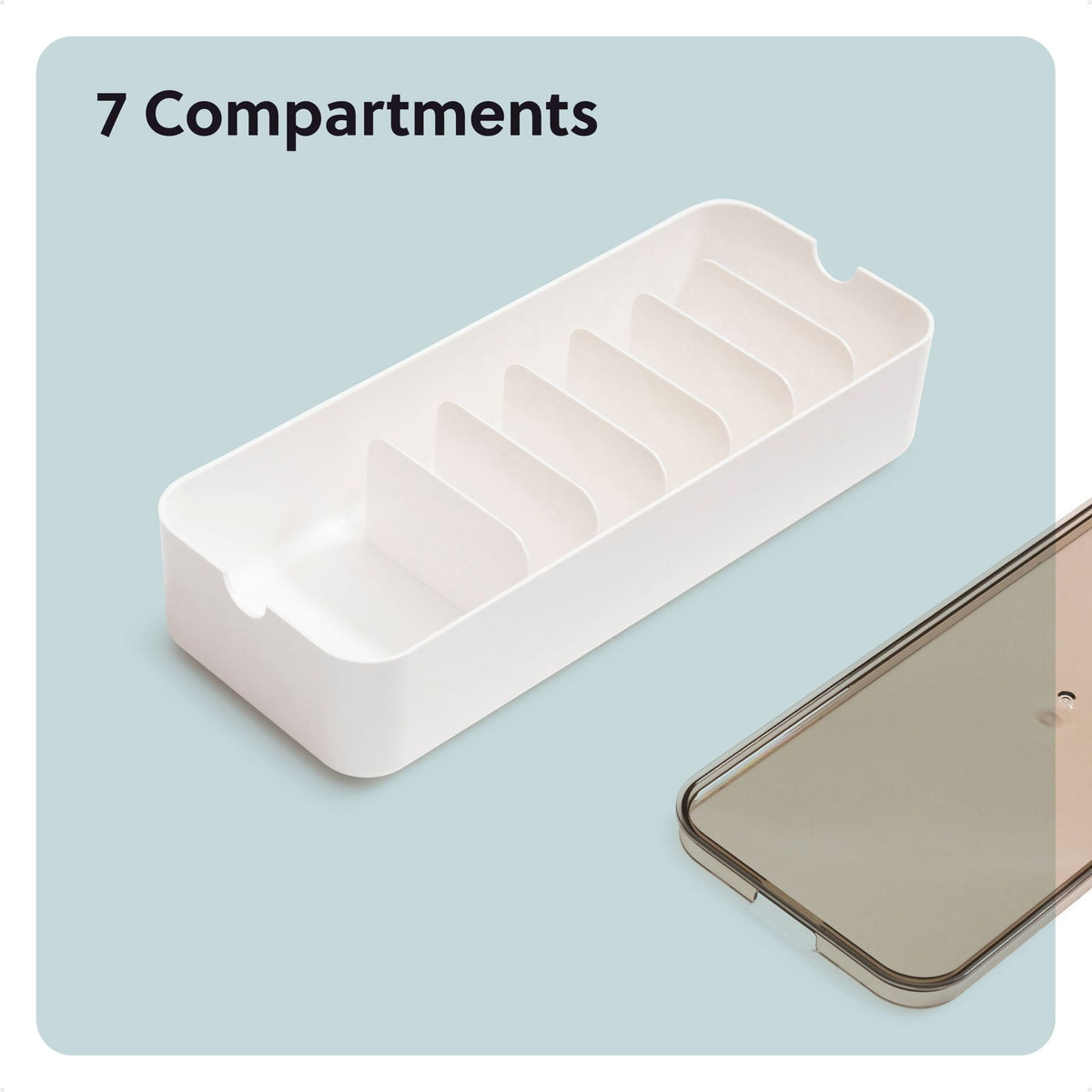 7-Compartment Cable Storage Box, 11 x 4.37 x 2.37 in, White/Linen - Image 3
