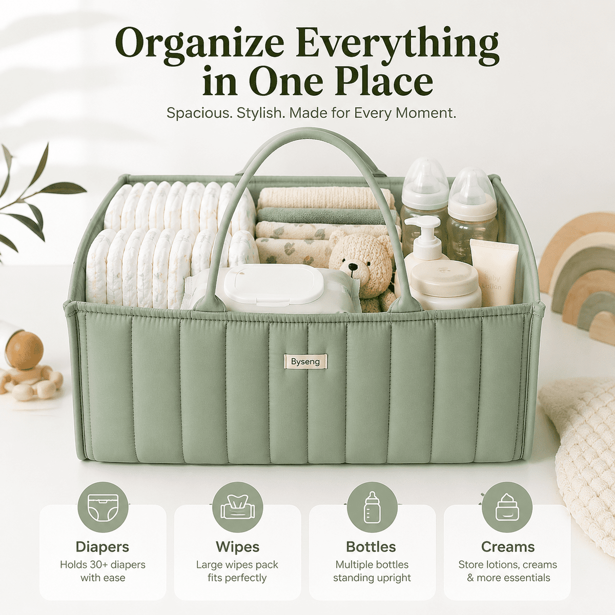 Portable Diaper Caddy with Handles and Removable Dividers - Image 2