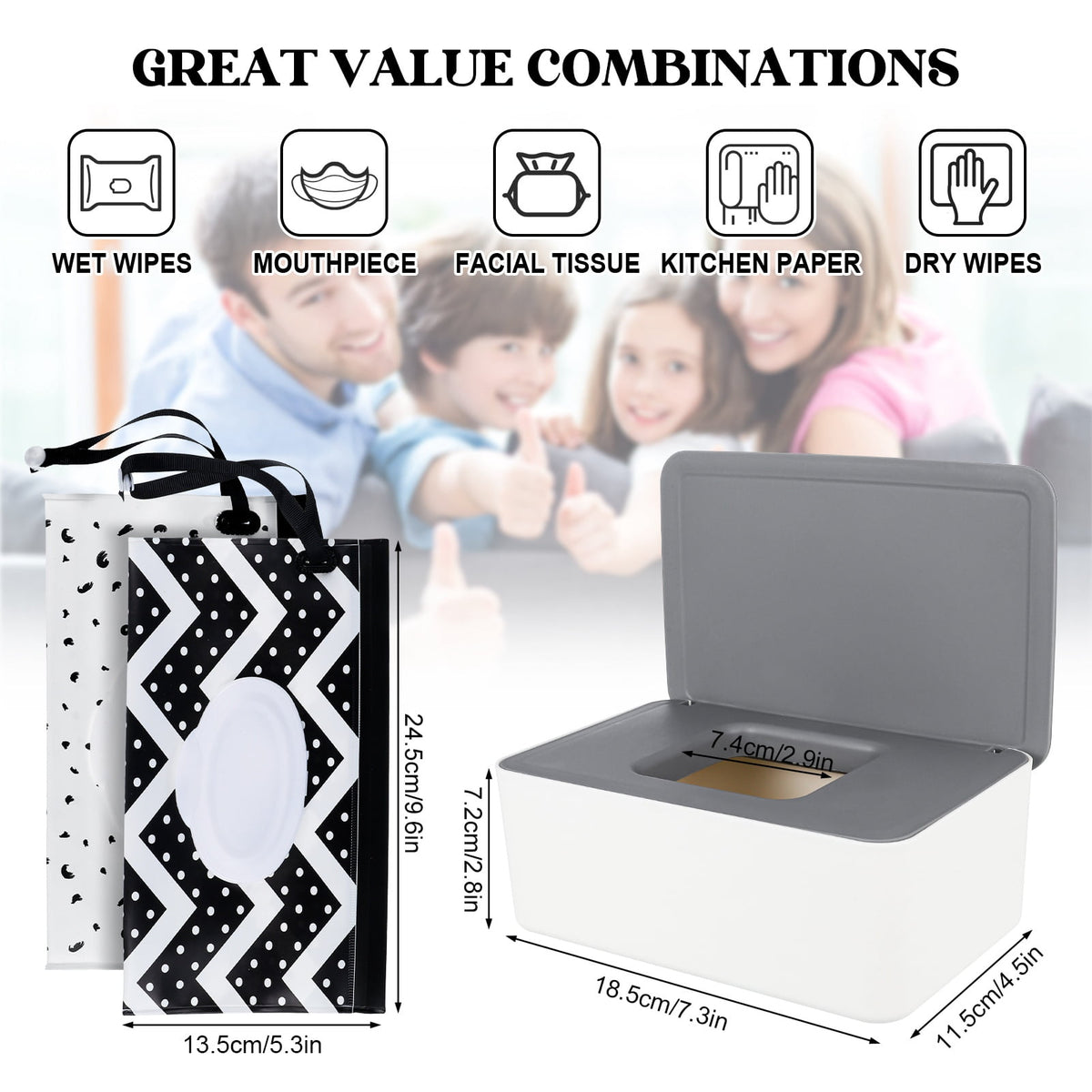 Baby Wipes Dispenser with Sealing Lid and 2 Travel Wipe Pouches (Grey) - Image 2