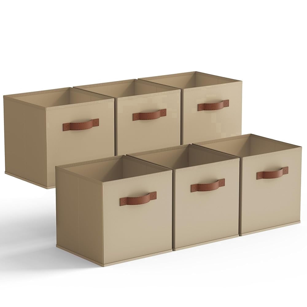 11 in Cube Storage Bins with Leather Handles, Khaki, 6-Pack