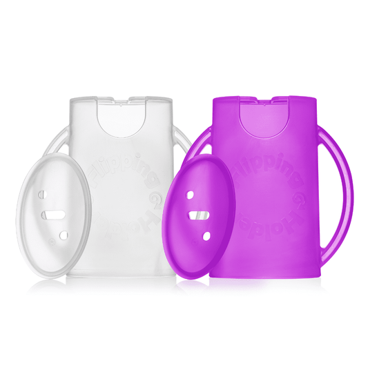 Squeeze-Proof Pouch and Juice Box Holder with Lid, 2-Pack (Purple and White)