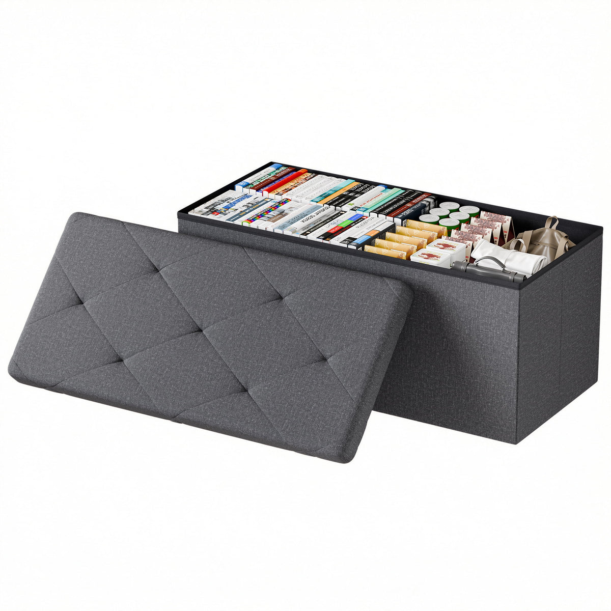 30 in Folding Storage Ottoman Bench with Padded Seat, Linen, Grey, Holds 660 lb - Image 2