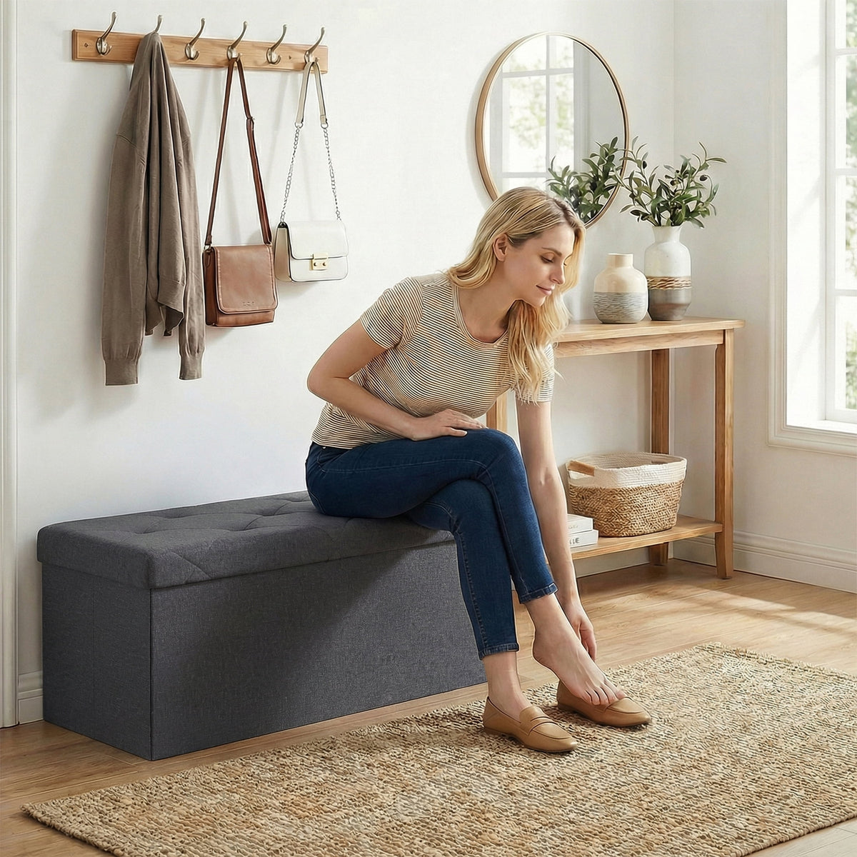 30 in Folding Storage Ottoman Bench with Padded Seat, Linen, Grey, Holds 660 lb - Image 6