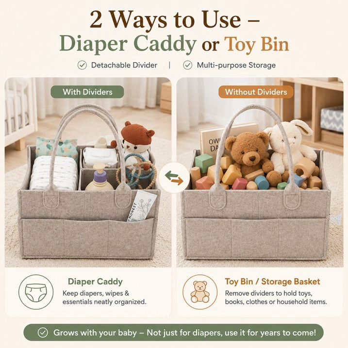 Felt Diaper Caddy with Handles and Removable Divider (Oatmeal) - Image 4