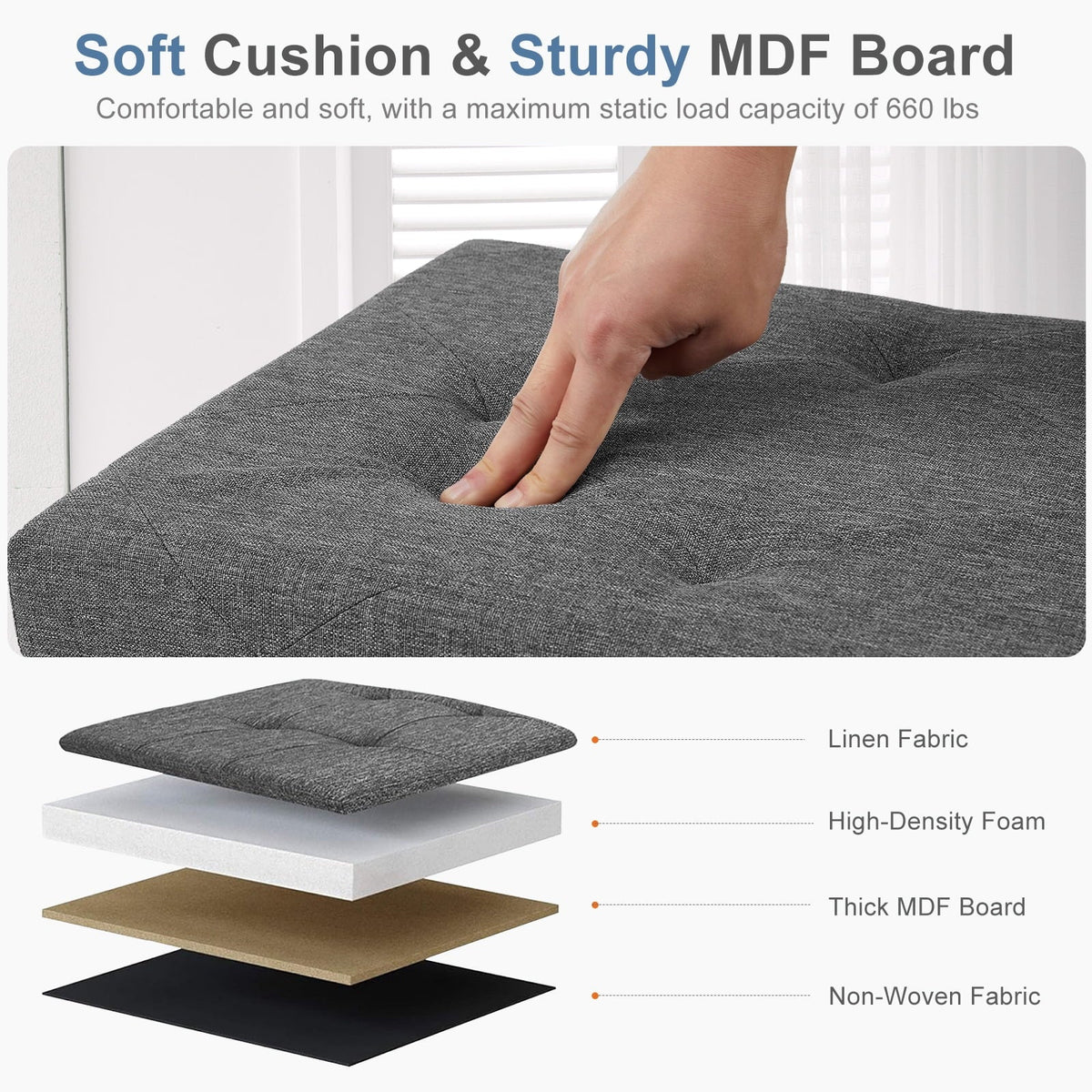 30 in Folding Storage Ottoman Bench, Fabric, Holds 660 lb, Gray - Image 2