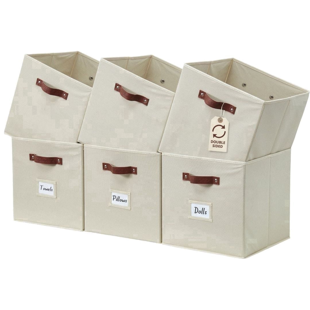 Fabric Cube Storage Bins with Label Holders, Set of 6, Beige