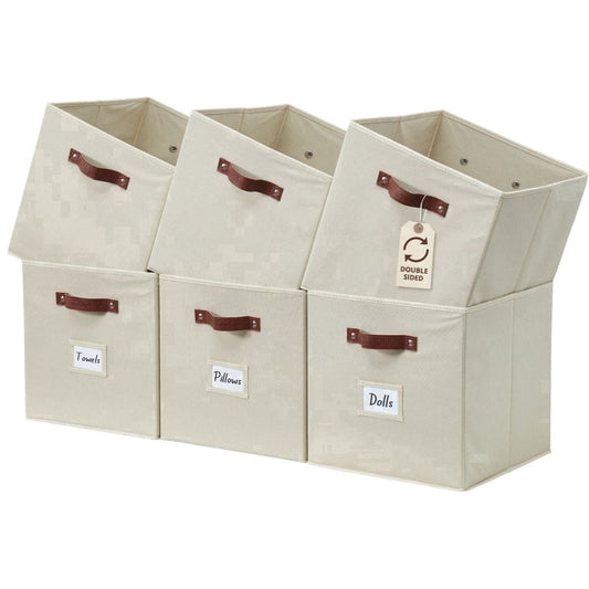 Fabric Cube Storage Bins with Label Holders, Set of 6, Beige