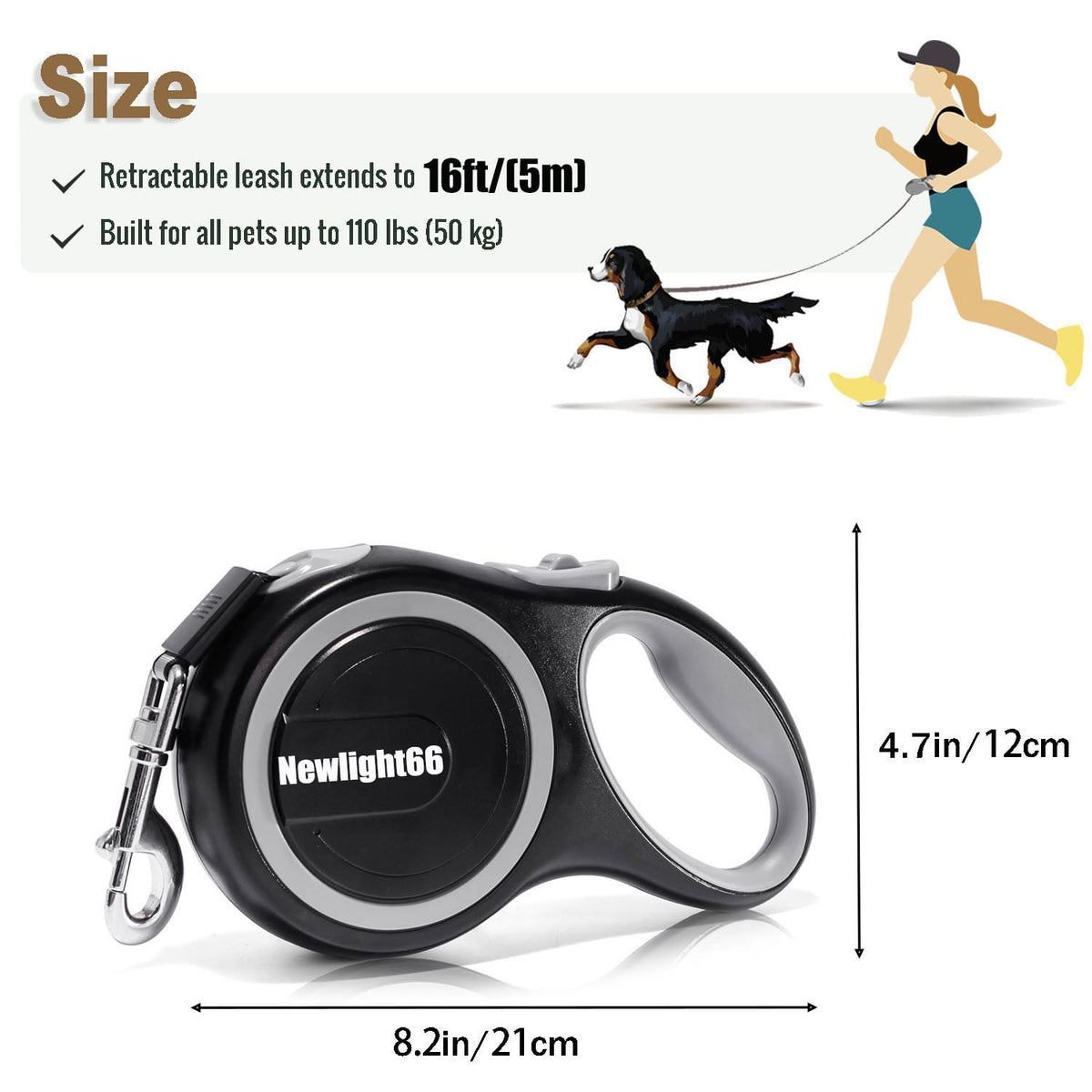Heavy-Duty Retractable Dog Leash for Large Dogs, 16 ft, up to 80 lb, Gray - Image 5
