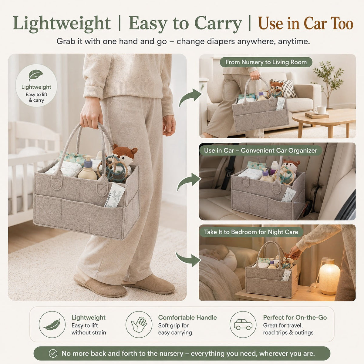 Felt Diaper Caddy with Handles and Removable Divider (Oatmeal) - Image 3