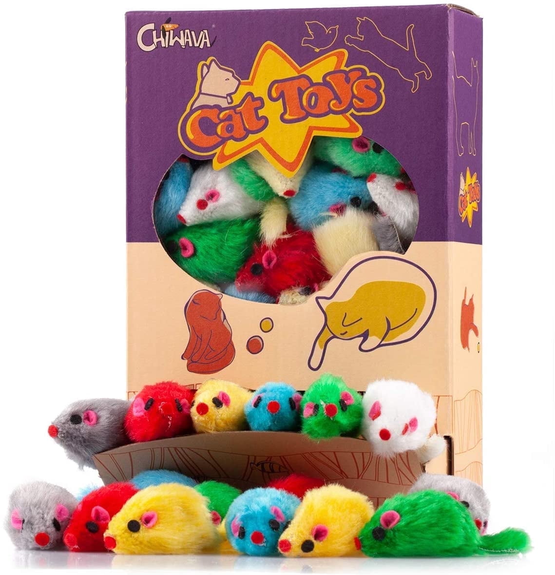 Furry Rattle Toy Mice for Cats, 4.1 in, Assorted Colours, 36-Pack - Image 2