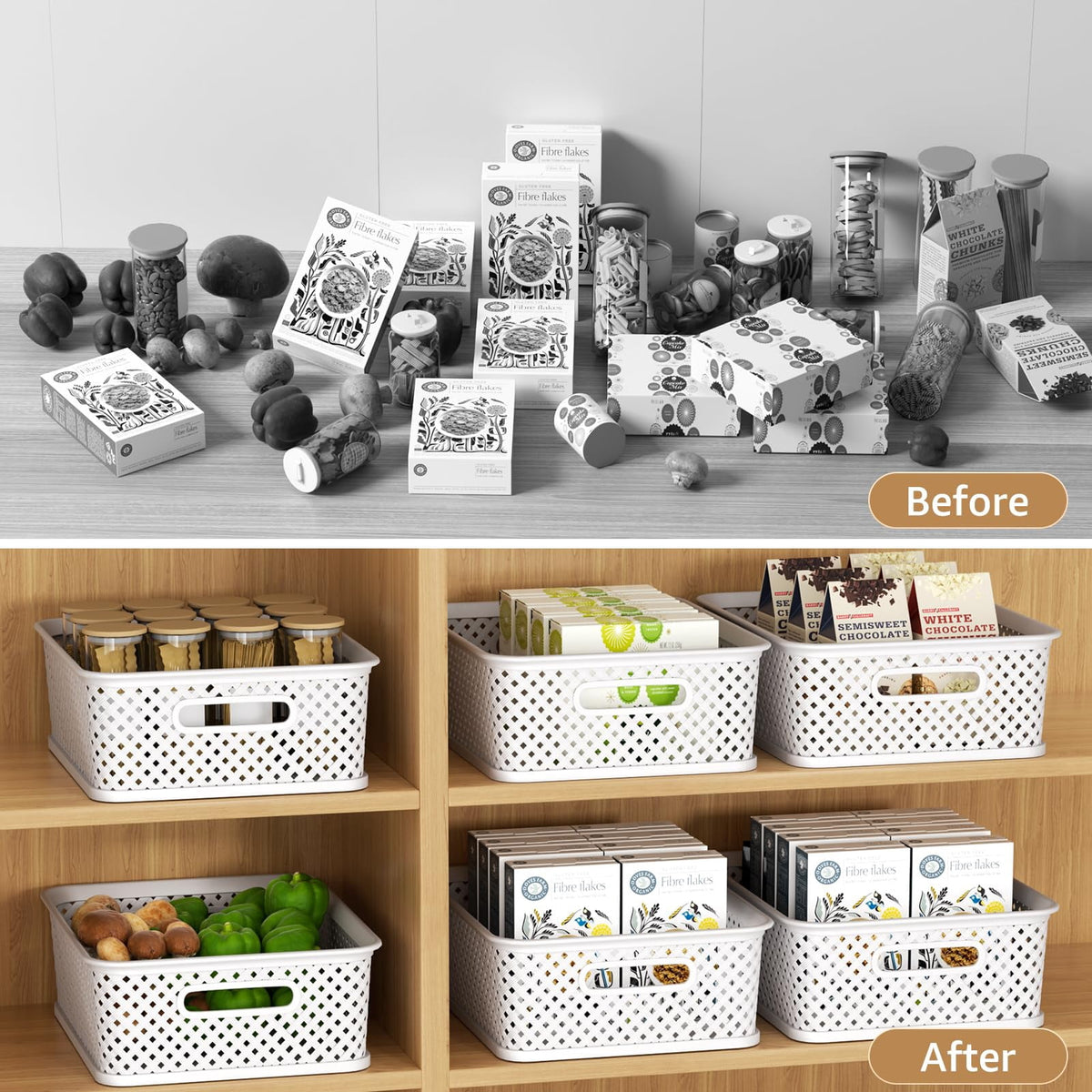White Woven Plastic Storage Baskets with Handles, 13.8 x 11.5 x 5.2 in, 3-Pack - Image 5