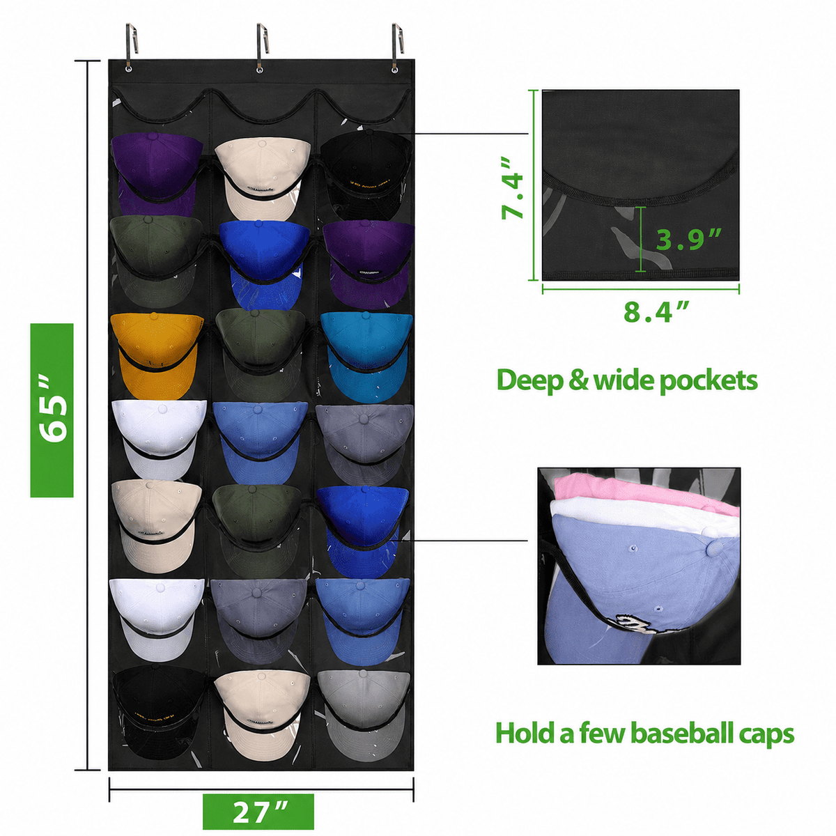 24-Pocket Hanging Cap Organizer for Wall or Door - Image 3
