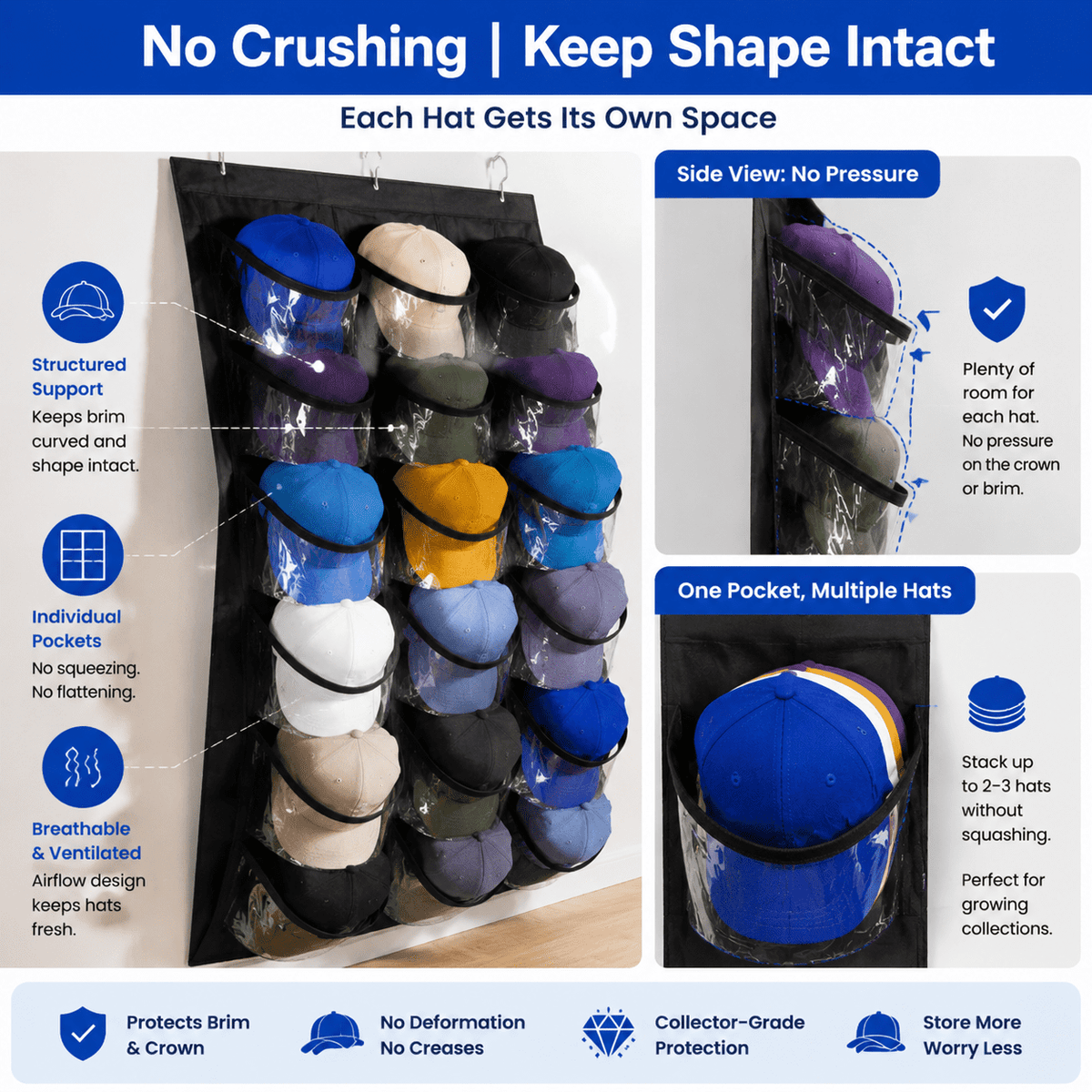 24-Pocket Hanging Cap Organizer for Wall or Door - Image 4