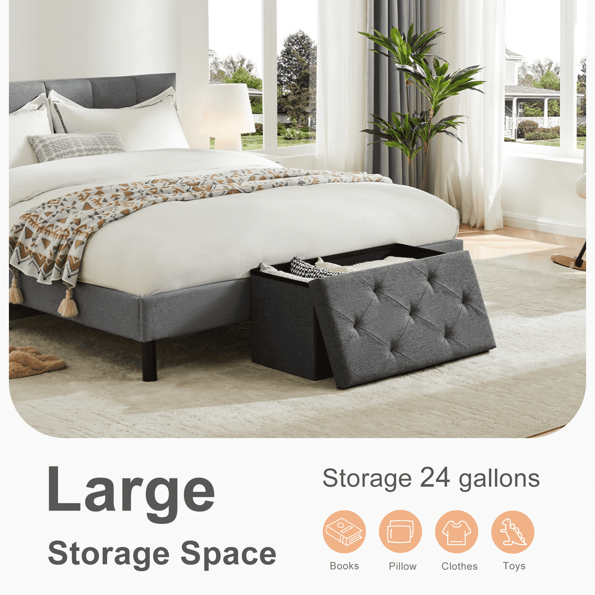 30 in Folding Storage Ottoman Bench, Fabric, Holds 660 lb, Gray - Image 3