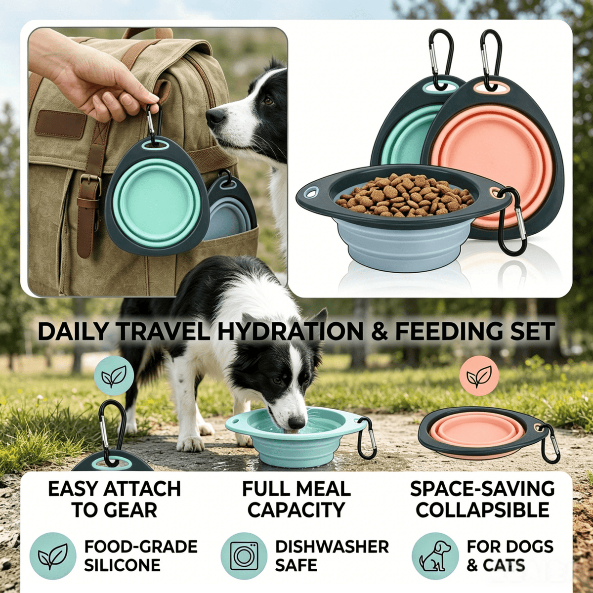 Collapsible Silicone Pet Bowls with Clasp for Travel, Green - Image 3