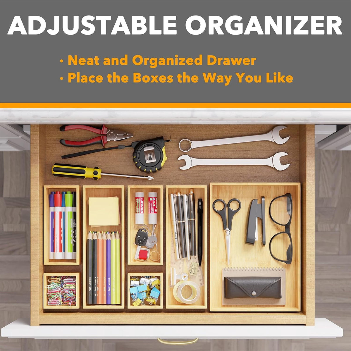 Bamboo Drawer Organizer Boxes, Natural, 7-Piece Set - Image 2