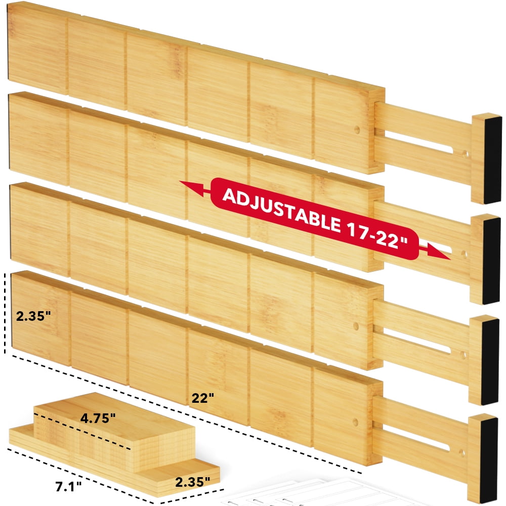 Expandable Bamboo Drawer Dividers, 17-22 in, with Inserts and Labels, 4 Pieces - Image 2
