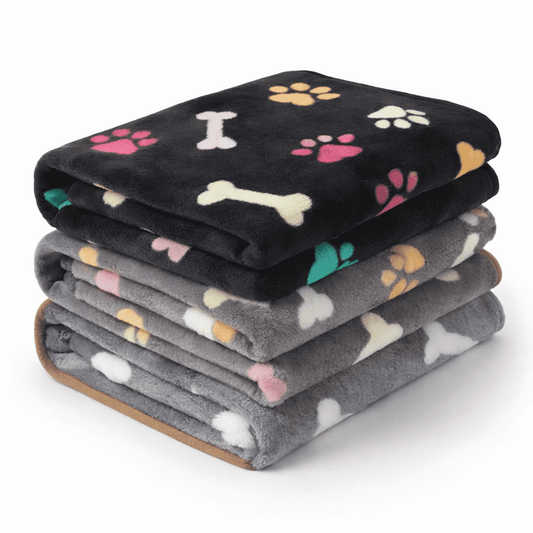 Soft Coral Fleece Pet Blankets, Paw and Bone Print, 3-Pack