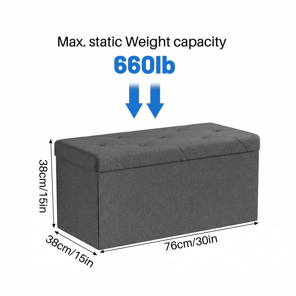 30 in Folding Storage Ottoman Bench with Padded Seat, Linen, Grey, Holds 660 lb - Image 5