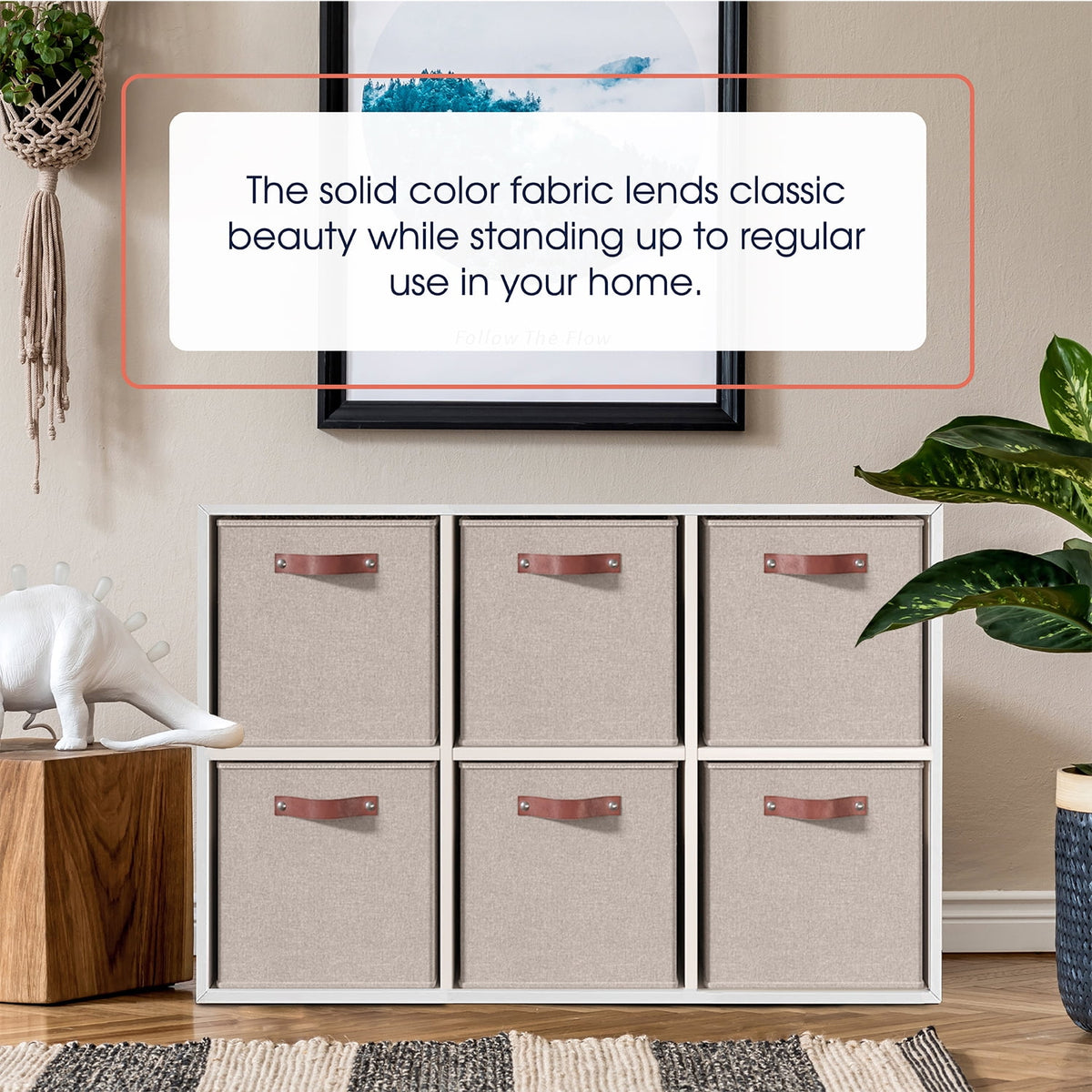 Foldable Linen Storage Cubes with Leather Handles, 13 x 15 x 13 in, Set of 6, Beige - Image 4