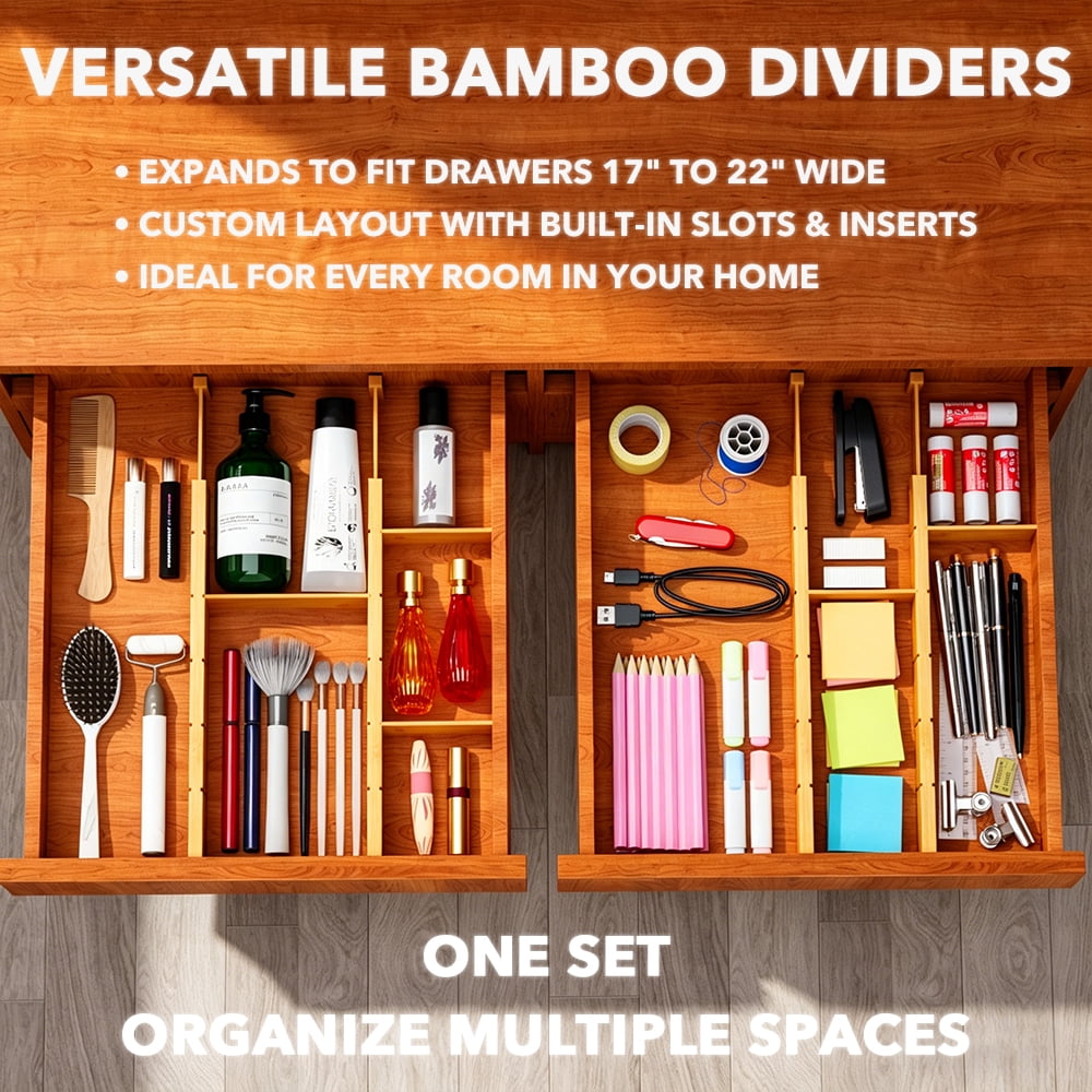 Expandable Bamboo Drawer Dividers, 17-22 in, with Inserts and Labels, 4 Pieces - Image 5