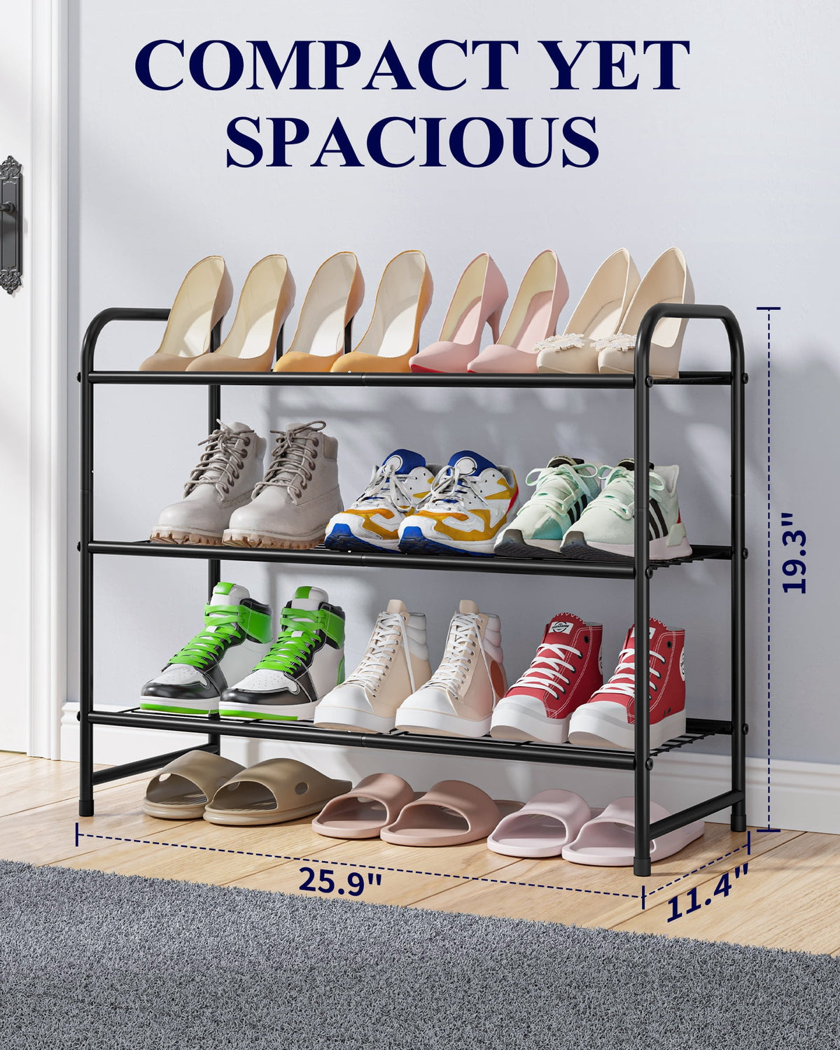 3-Tier Stackable Metal Shoe Rack, Holds 16 Pairs, 25.9 x 11.4 x 19.3 in, Black - Image 4
