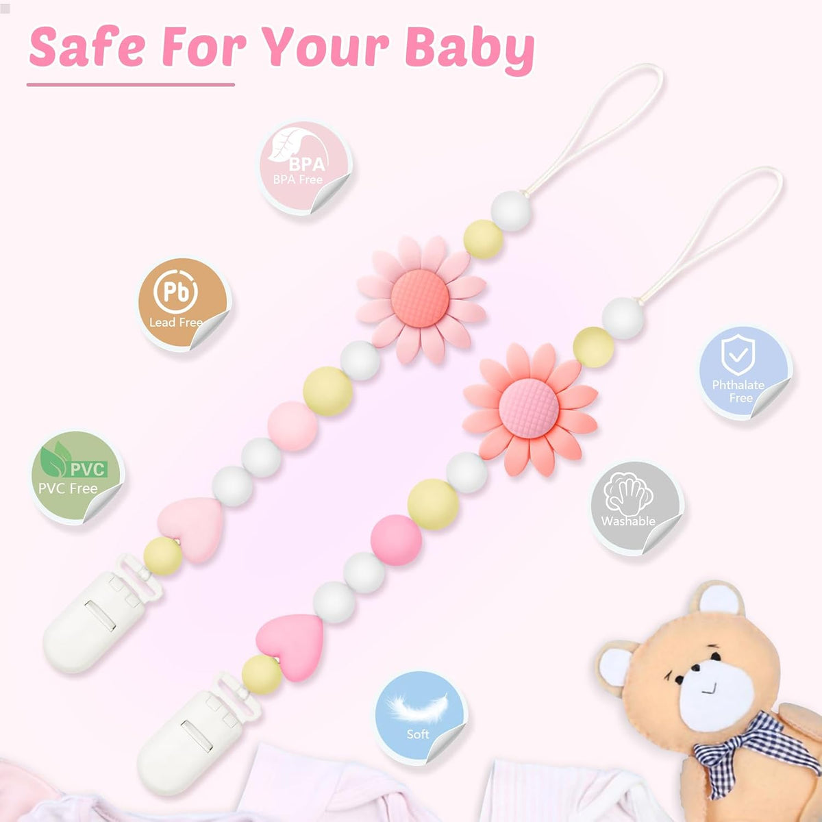 Sunflower Silicone Pacifier Clips, Set of 2 - Image 4