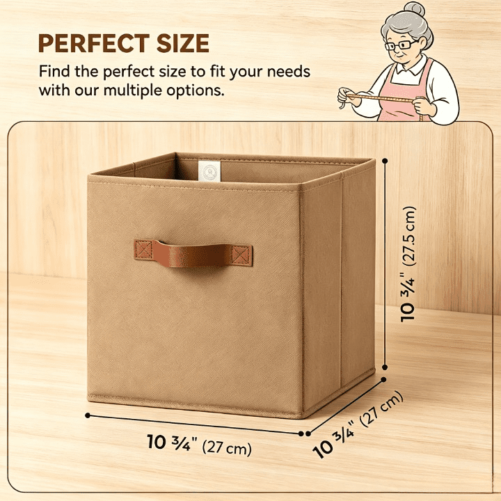 11 in Cube Storage Bins with Leather Handles, Khaki, 6-Pack - Image 4