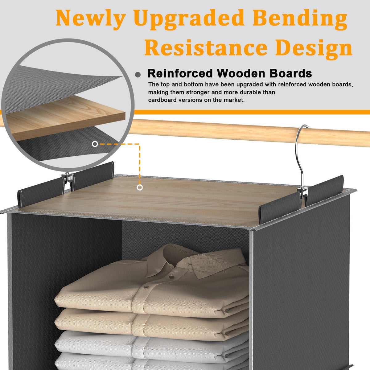 6-Shelf Hanging Closet Organizer with Bamboo Rods and Side Pockets, Gray - Image 4