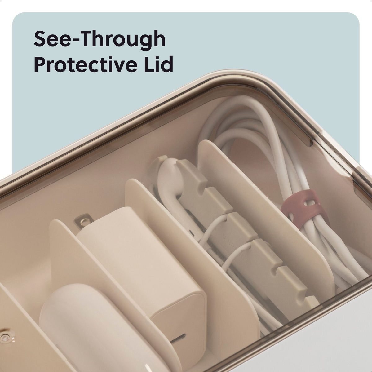 7-Compartment Cable Storage Box, 11 x 4.37 x 2.37 in, White/Linen - Image 4