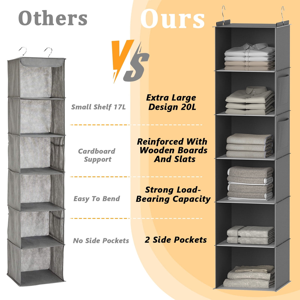 6-Shelf Hanging Closet Organizer with Bamboo Rods and Side Pockets, Gray - Image 5